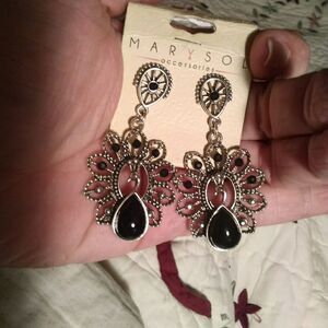 Peacock Black Earrings silver dangle post